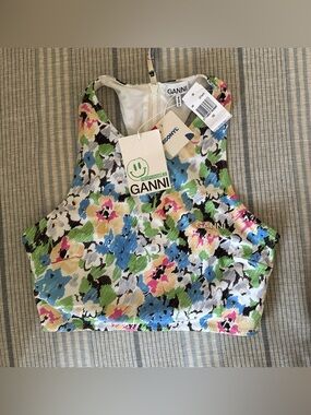 Ganni Floral Multicolor Racerback Crop swim Top